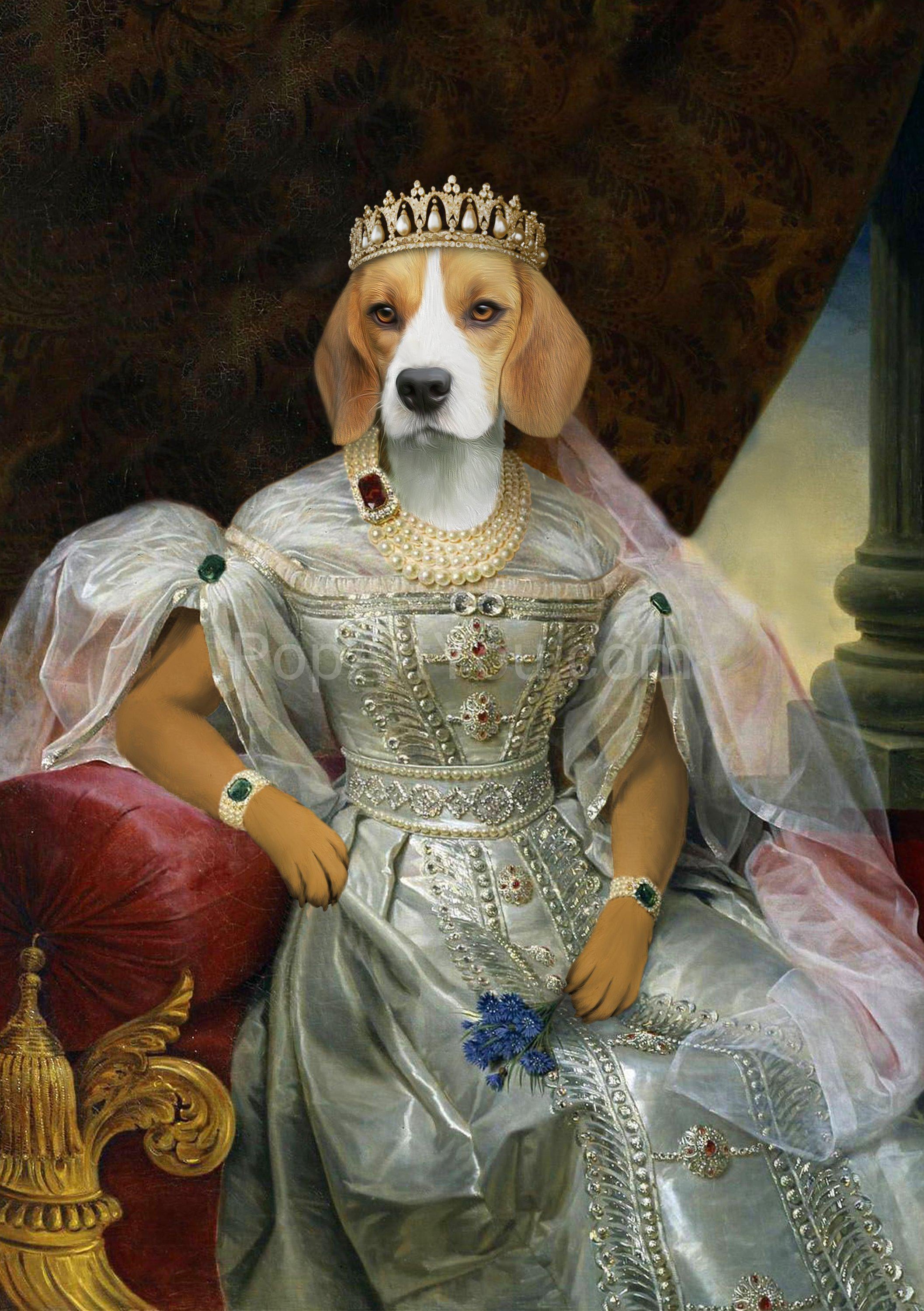 The portrait shows a female dog with a human body, dressed in a silver royal dress with a crown and a wristwatch