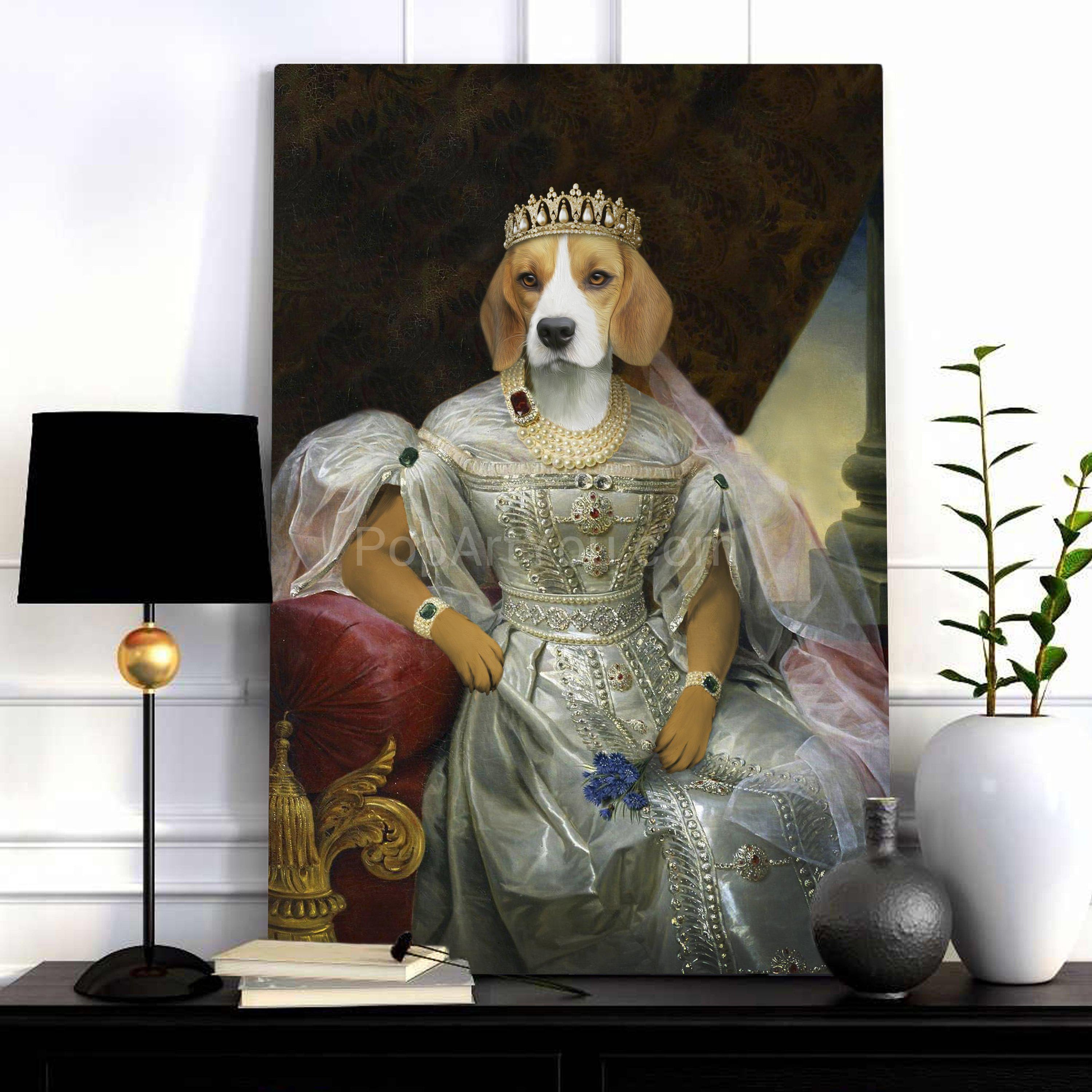Portrait of a female dog with a human body dressed in a silver royal dress with a crown stands on a wooden table near a white vase