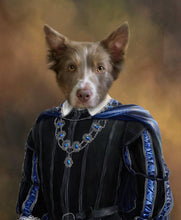 Load image into Gallery viewer, The portrait depicts a dog with a human body dressed in a blue royal attire with a cloak
