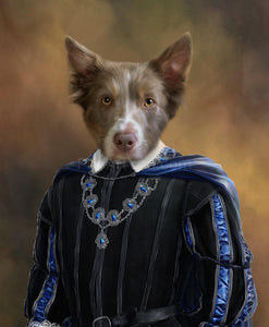 The portrait depicts a dog with a human body dressed in a blue royal attire with a cloak