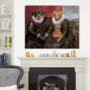 Portrait of a married couple of two dogs with human bodies dressed in black clothes hanging on a white wall above the fireplace