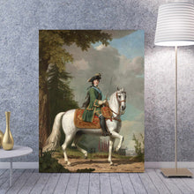 Load image into Gallery viewer, A portrait of a man sitting on a horse dressed in a historical royal costume stands on a blue wooden floor
