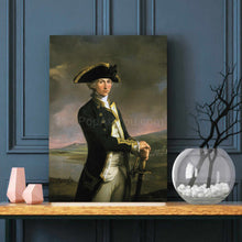Load image into Gallery viewer, A portrait of a man standing on the beach dressed in regal attire stands on a table against a blue wall
