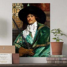 Load image into Gallery viewer, A portrait of a man with a mustache dressed in royal green clothes hangs on the gray wall next to the pot
