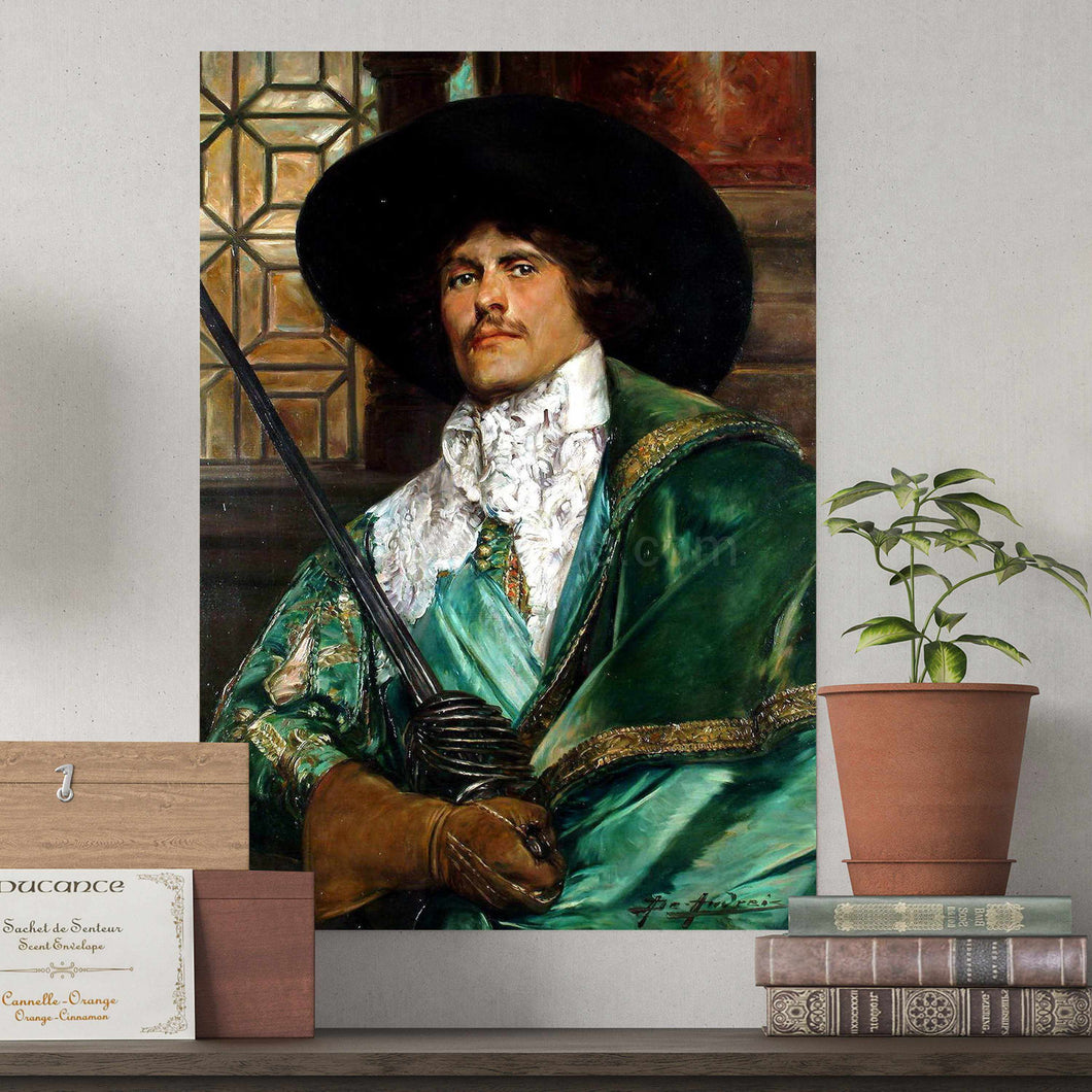 A portrait of a man with a mustache dressed in royal green clothes hangs on the gray wall next to the pot