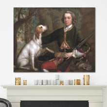 Load image into Gallery viewer, A portrait of a man sitting next to a dog dressed in historical royal clothes hangs on a white wall
