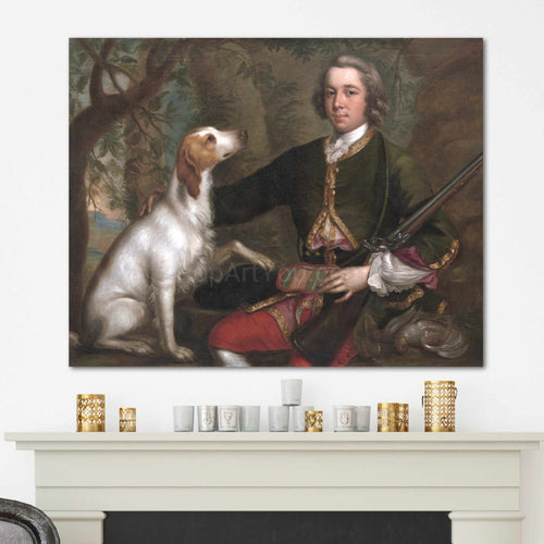 A portrait of a man sitting next to a dog dressed in historical royal clothes hangs on a white wall