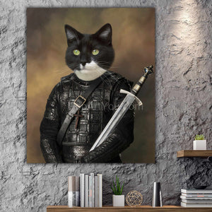  A portrait of a cat in a historical warrior costume hangs on a gray wall above a shelf
