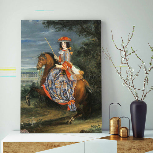 Portrait of a woman riding on a horse dressed in a historical royal dress stands on a white table next to a gray vase