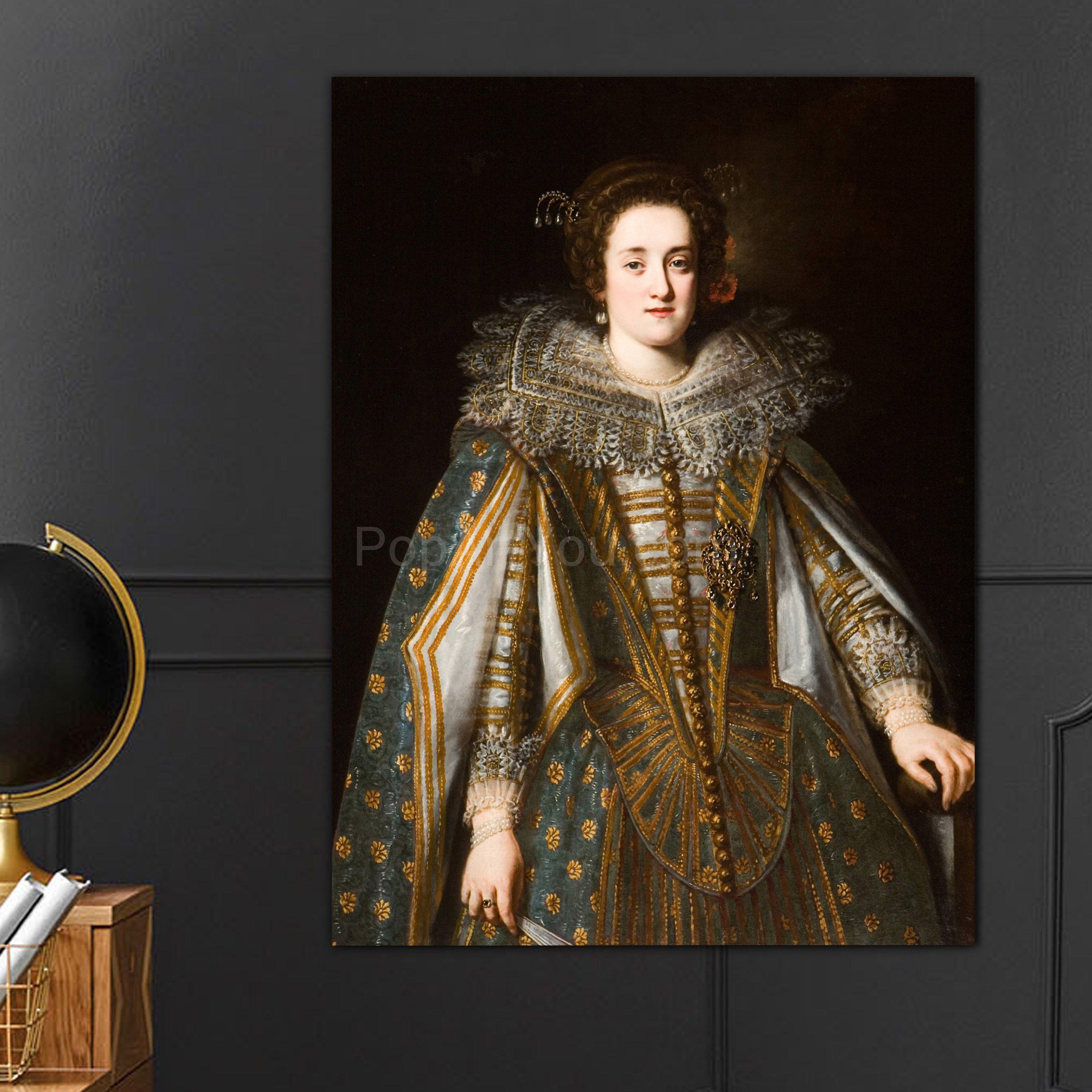 Portrait of a woman with red hair dressed in bronze regal attire hangs on a gray wall near the globe