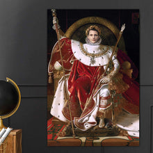 Load image into Gallery viewer, A portrait of a man dressed in historical royal clothes sitting on an imperial throne hangs on a gray wall
