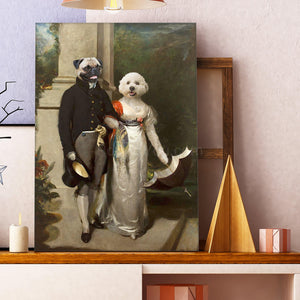 Portrait of a married couple of two dogs with human bodies dressed in black and white clothes standing on a wooden shelf near a candle