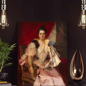 A portrait of a woman with dark hair wearing a pink royal robe stands on the floor next to two light bulbs