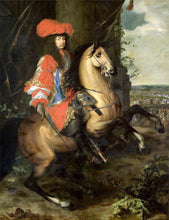 Load image into Gallery viewer, The portrait shows a man sitting on a horse dressed in renaissance red regal attire

