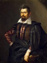 Load image into Gallery viewer, The portrait shows a man with a mustache dressed in dark regal attire with a hat
