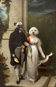 The portrait shows a married couple of two dogs with human bodies dressed in black and white royal clothes