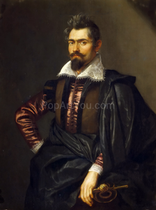 The portrait shows a man with a mustache dressed in dark regal attire with a hat