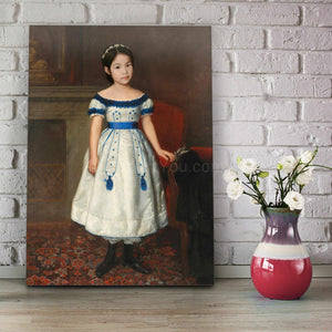Portrait of a girl dressed in a blue royal dress stands on the wooden floor near a vase with roses