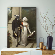 Load image into Gallery viewer, Portrait of a married couple of two dogs with human bodies dressed in black and white clothes stands on a gold table near a gray vase
