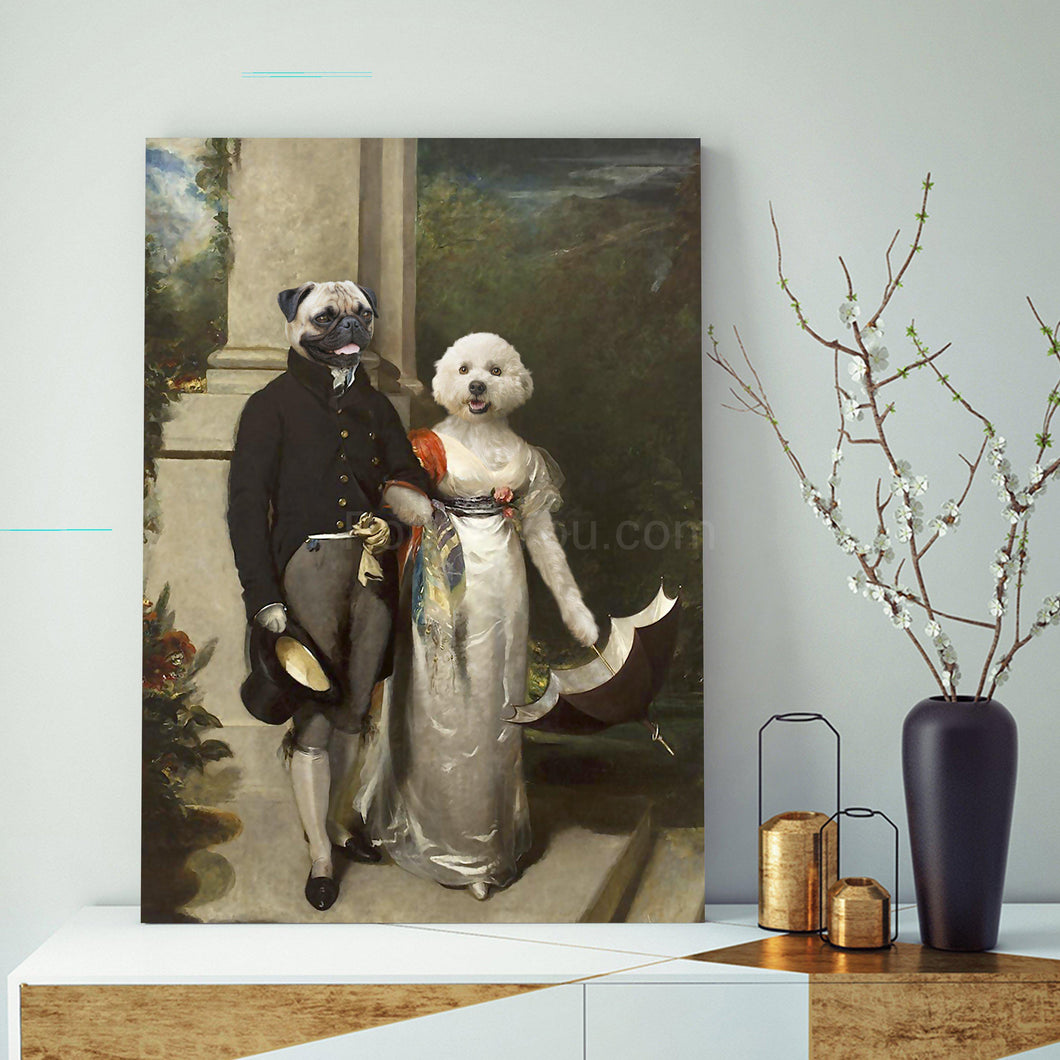 Portrait of a married couple of two dogs with human bodies dressed in black and white clothes stands on a gold table near a gray vase