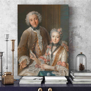 Portrait of a couple with gray hair dressed in historical royal clothes stands on a blue table near books