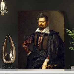 A portrait of a man with a mustache dressed in black royal clothes hangs on the dark wall next to a light bulb