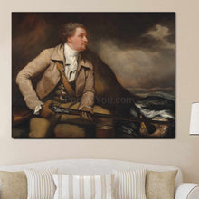 Load image into Gallery viewer, A portrait of a man with a gun dressed in renaissance regal attire hangs on the white wall above the sofa
