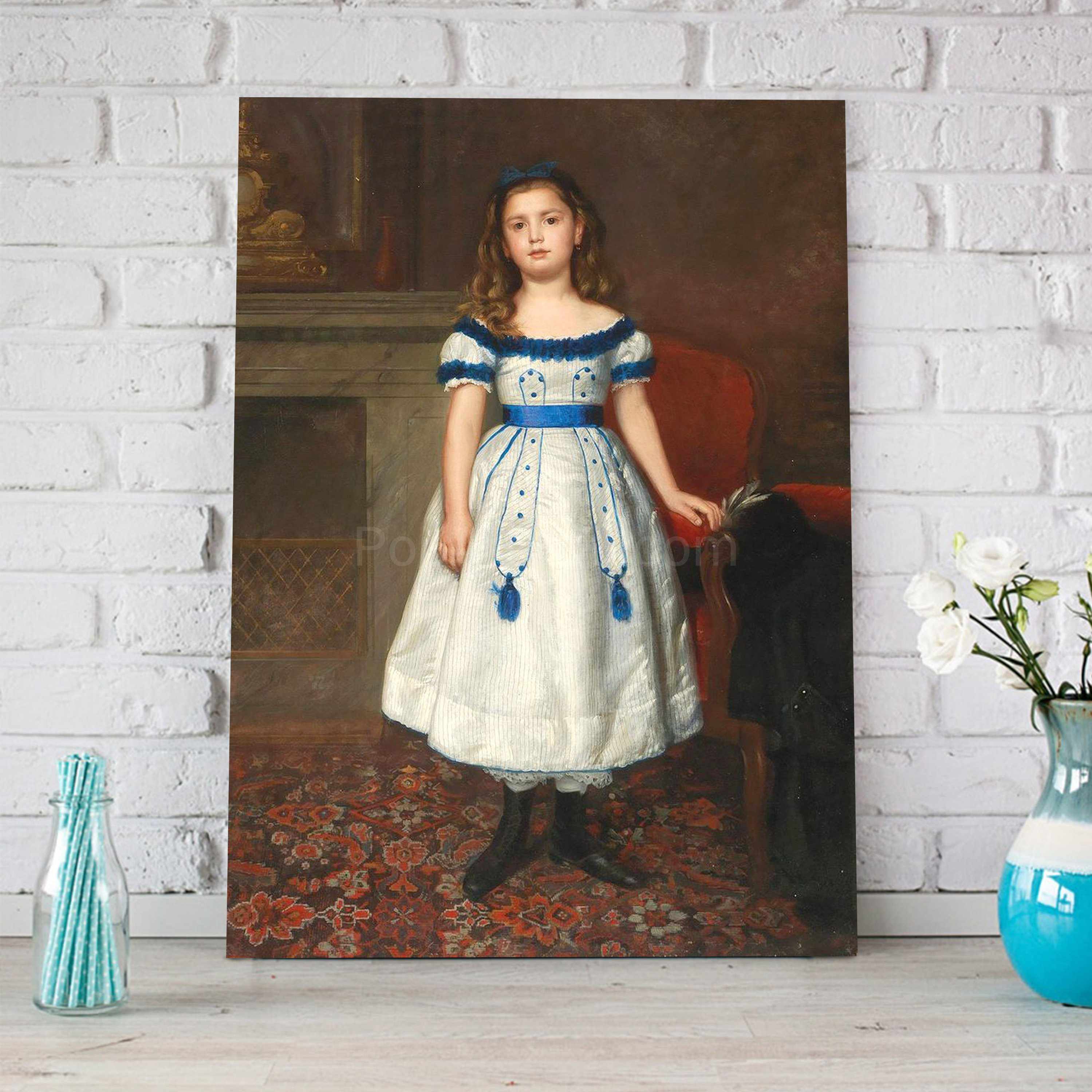 Portrait of a girl dressed in a blue regal dress stands on a wooden floor near a blue vase with roses