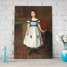 Load image into Gallery viewer, Portrait of a girl dressed in a blue regal dress stands on a wooden floor near a blue vase with roses
