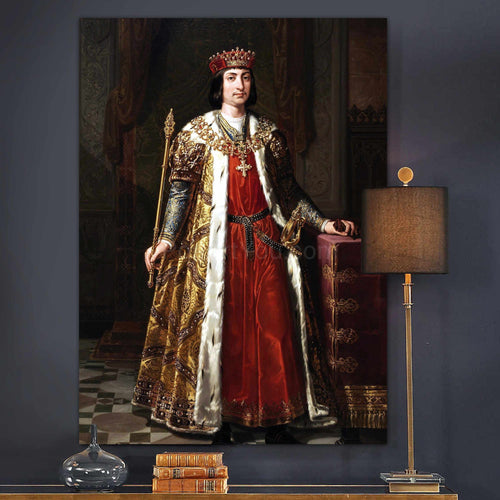 A portrait of a man dressed in gold royal robes hangs on a dark wall above three books