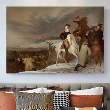Load image into Gallery viewer, A portrait of men riding horses dressed in historic royal clothing hangs on the white wall above the sofa
