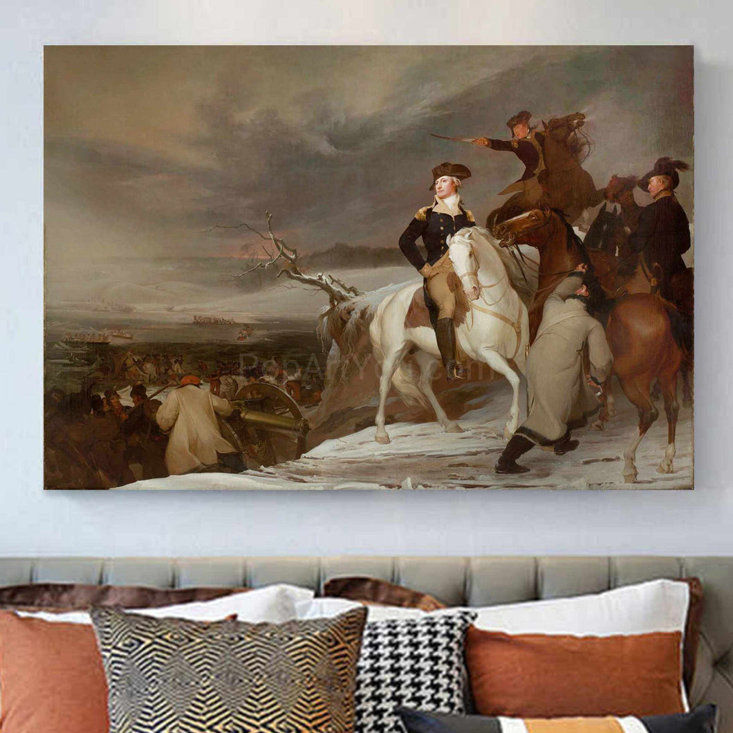 A portrait of men riding horses dressed in historic royal clothing hangs on the white wall above the sofa