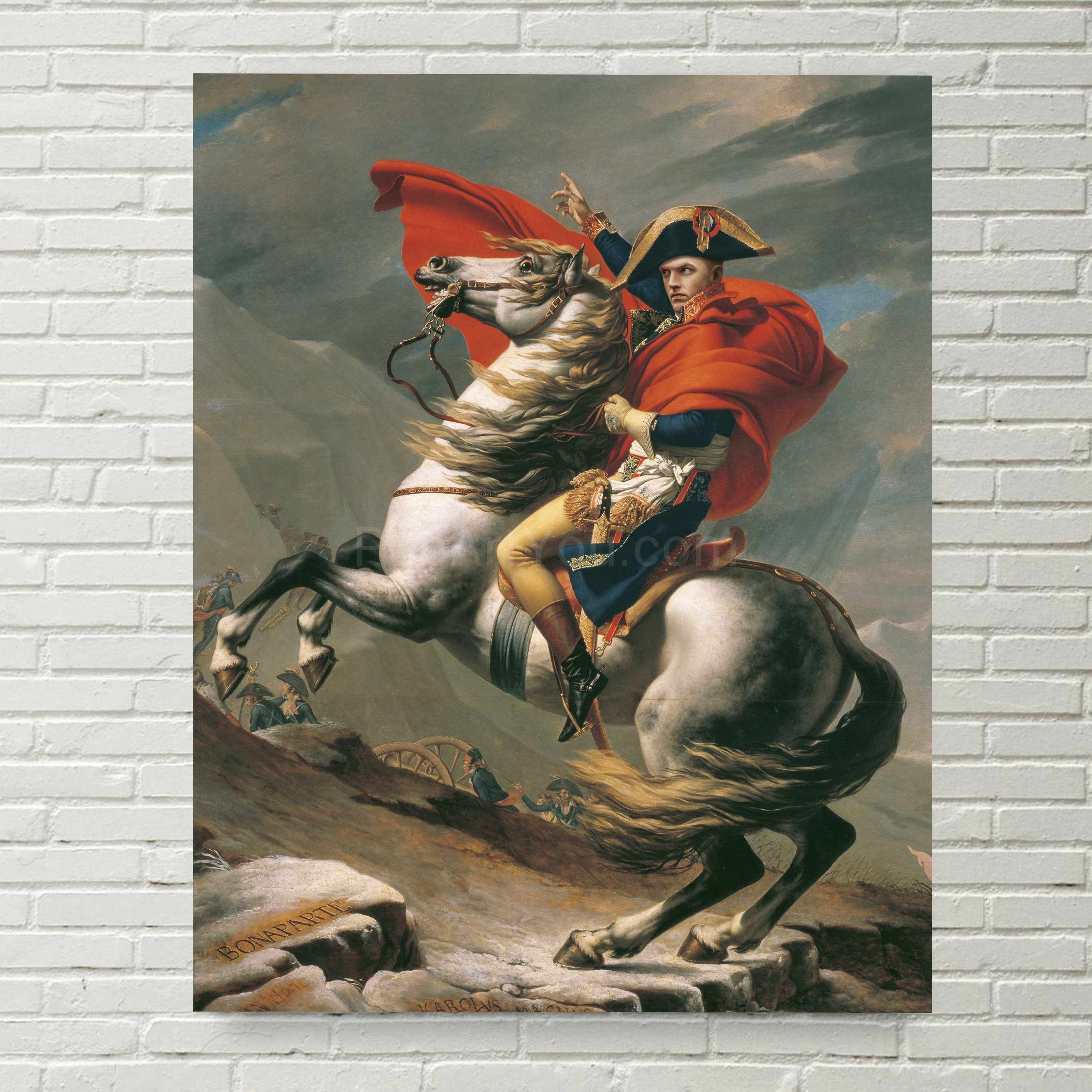 A portrait of a man dressed in historical royal clothes riding a white horse hangs on a white brick wall