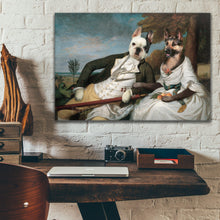 Load image into Gallery viewer, Portrait of a pair of two dogs with human bodies dressed in white royal clothes hanging on a white brick wall above the work table

