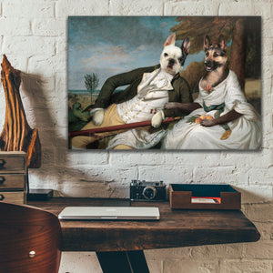 Portrait of a pair of two dogs with human bodies dressed in white royal clothes hanging on a white brick wall above the work table