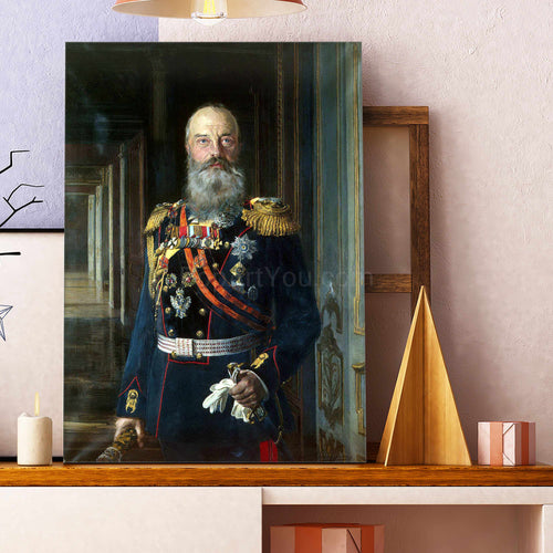 On the table next to the candle stands a portrait of an elderly man dressed in a royal costume