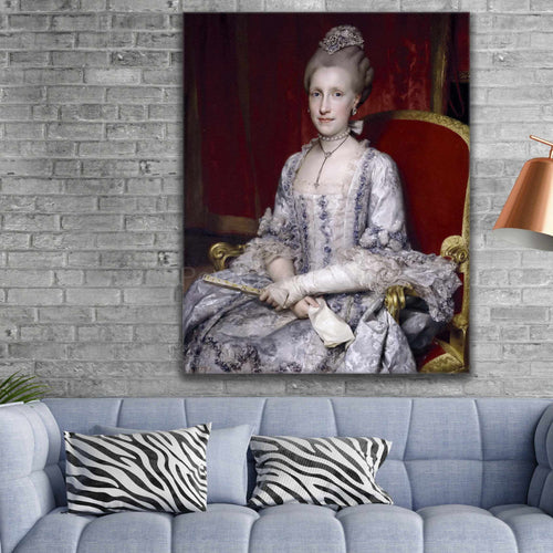 Portrait of a woman with blond hair dressed in regal attire hangs on a gray brick wall above the sofa