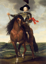 Load image into Gallery viewer, The portrait shows a man sitting on a horse dressed in renaissance regal attire with a hat
