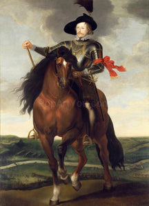 The portrait shows a man sitting on a horse dressed in renaissance regal attire with a hat