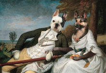 Load image into Gallery viewer, The portrait shows a couple of two dogs with human bodies dressed in white royal clothes
