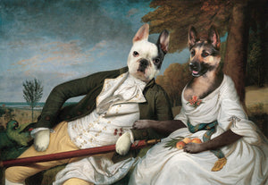 The portrait shows a couple of two dogs with human bodies dressed in white royal clothes