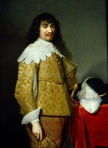 The portrait shows a man with long hair dressed in yellow regal attire