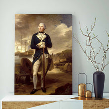 Load image into Gallery viewer, A portrait of a man standing on the seashore dressed in renaissance regal attire stands on a table next to a vase
