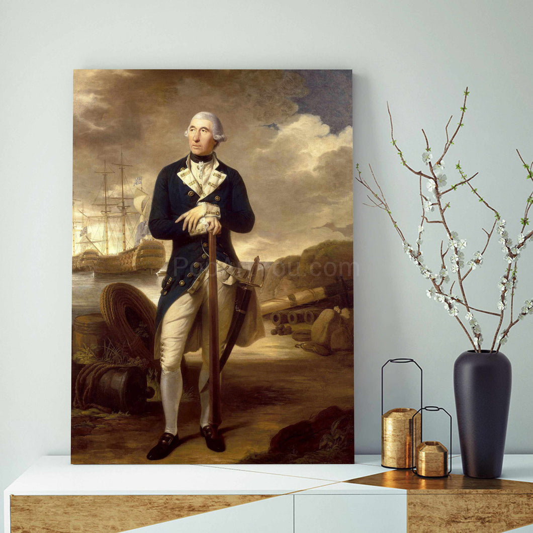 A portrait of a man standing on the seashore dressed in renaissance regal attire stands on a table next to a vase