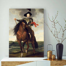 Load image into Gallery viewer, A portrait of a man sitting on a horse dressed in historical royal clothes stands on a gold table against a blue wall
