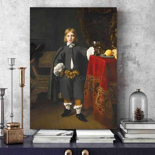 Portrait of a boy dressed in historical royal clothes stands on a blue table near books