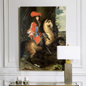 Portrait of a woman riding on a horse dressed in red royal clothes hangs on a white wall above two candles