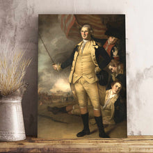 Load image into Gallery viewer, A portrait of the men standing at the flag dressed in renaissance regal royal attire stands on a wooden table
