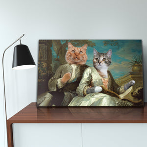 Portrait of a dreaming couple of two cats with human bodies dressed in silver royal clothes stands on a wooden shelf near a lamp