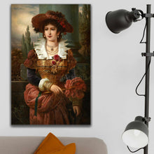 Load image into Gallery viewer, Portrait of a woman dressed in regal clothes with a red hat hanging on a white wall over a gray sofa
